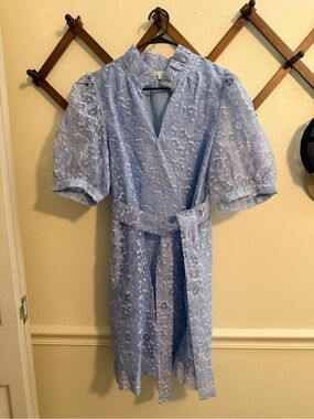 Jade Light Blue Floral Lace Midi Dress with Tie Belt